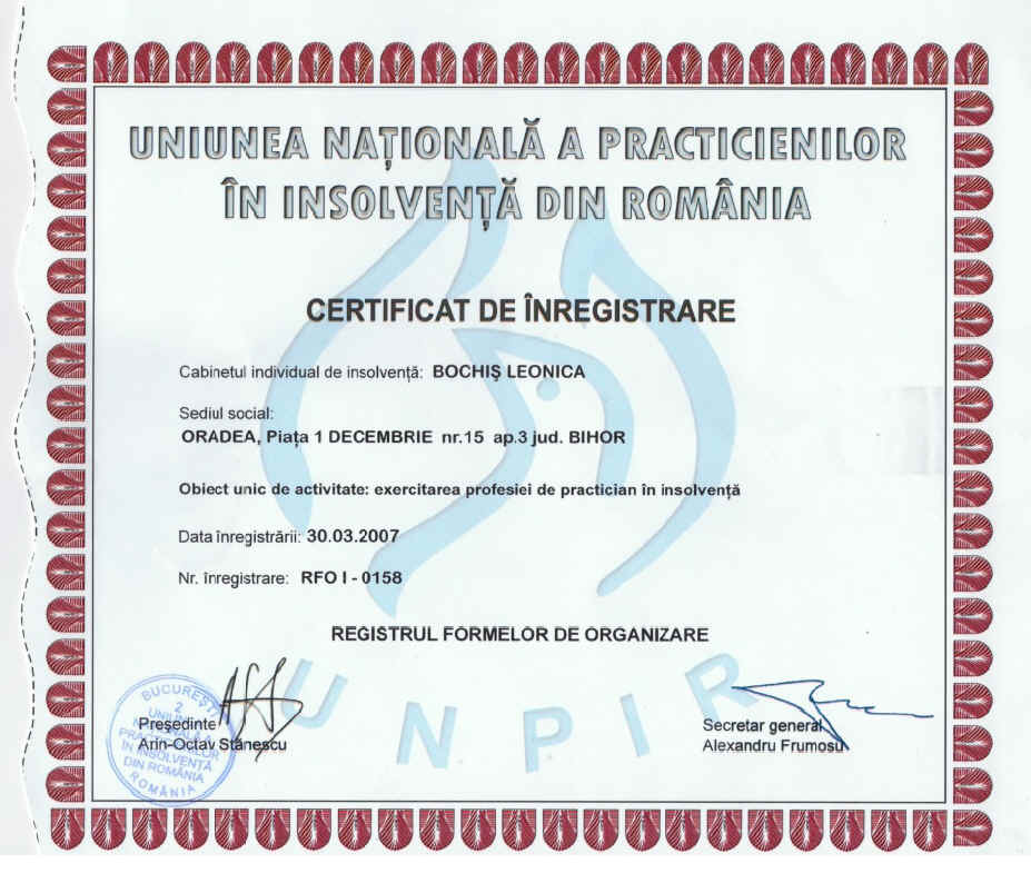 Certificat de inregistrare UNPIR